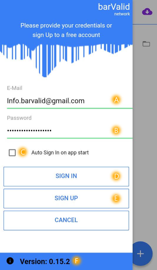 screenshot of the barValid sign In/Up screen